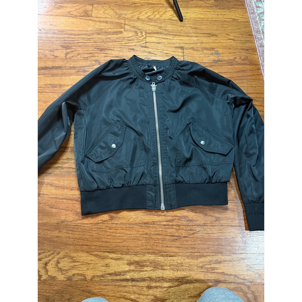 Free People Black Bomber Jacket Full Zip Lightweight Utility Coat Womens Medium